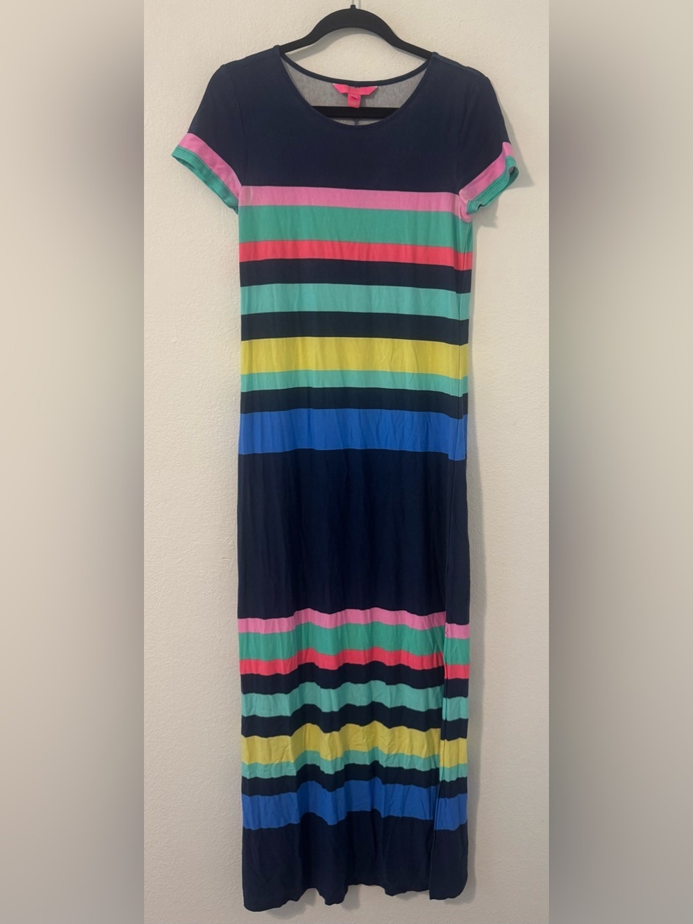 Lilly Pulitzer Tae Maxi Dress Blue Multi-Color Striped Front Slits Medium *Read*